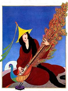 an advertisement for vanity fair featuring a woman with a peacock on her lap playing the guitar