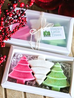 Make handwashing so FUN and festive! Grab a pack of Happy Little Trees for yourself or treat someone with cute soap. Each box contains three 2.0oz soap trees in three colors. Please note exact colors may slightly vary. Scented in a festive balsam, fir, and fig premium fragrance oil. A basic soap formulated with saponified coconut oil, shea butter, coconut milk, sorbitol, propylene glycol, stearic acid, and glycerine. Natural mica powder added for color. This soap is detergent free! Each box contains shred, ribbon and label. Cute Soap, Tree Soap, Holiday Soap, Christmas Soap, Shea Butter Soap, Spa Gift, Mica Powder, Spa Gifts, Scottsdale Az