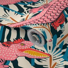 a pink and blue tropical print wallpaper