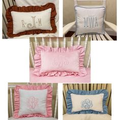 four different styles of pillows with monogrammed names and ruffles on them