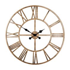 a gold clock with roman numerals is shown on a white background and has black hands