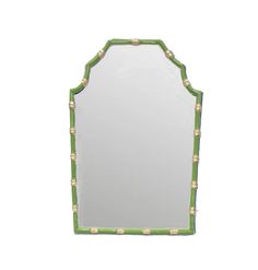 a green and white mirror with gold trimmings on the edges, against a white background