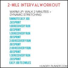 the workout plan for two mile intervals is shown in red and blue, along with instructions on how to use it