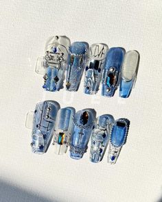 Nail Creative Design, Sci Fi Nail Art, Crystal Blue Nails, Mechanic Nails, Clear Nails Glitter, Blue Shiny Nails, Jelly Blue Nails, Robot Nails, Clear Blue Nails