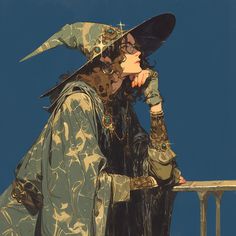 a painting of a woman wearing a hat and holding her hand to her face while leaning on a railing