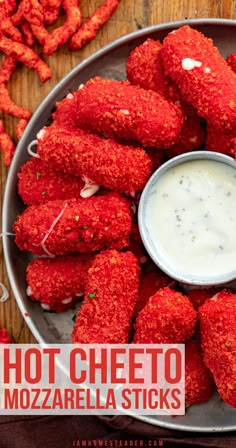 Overhead image of a metal tray filled with bright red mozzarella cheese sticks with a small metal dish in the center filled with ranch. Cheeto Mozzarella Sticks, Hot Cheeto Mozzarella Sticks, Fried Mozzarella, Cheesy Appetizer, Hot Cheetos, Mozzarella Sticks, Food Babe, Food Therapy, Yummy Comfort Food