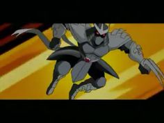 an animated image of a man in grey and black armor with his arms spread out