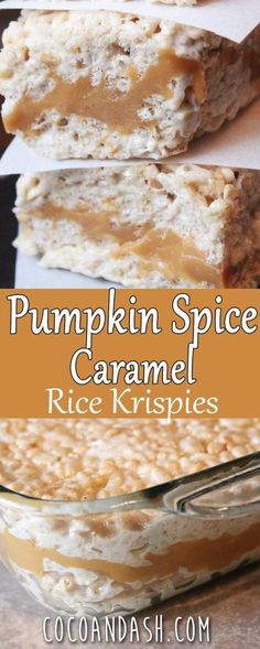 pumpkin spice caramel rice krispies are stacked on top of each other and ready to be eaten