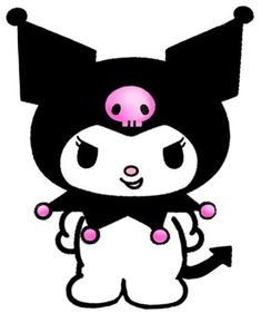 a black and white cartoon character with pink eyes, nose and head in the shape of a cat