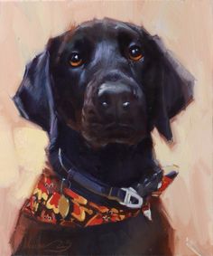 a painting of a black dog wearing a collar