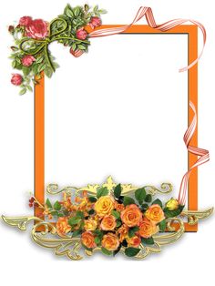 an orange frame with flowers and ribbons around it