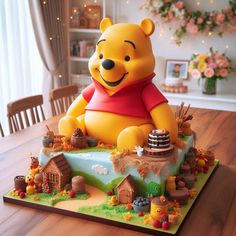 a winnie the pooh birthday cake on a table