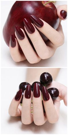 Cherries color nails Cute Dark Colored Nails, Cherry Color Nails Designs, Dark Nails Oval, Elegant Nails Dark, Black Cherry Red Nails, Chocolate Red Nails, Oval Nails Dark, Dark Cherry Red Nails Almond, Chocolate Cherry Nails