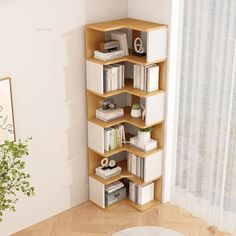 a corner shelf with books and magazines on it in the corner of a living room