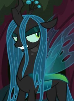 a black pony with blue hair and green eyes sitting in front of a dark background