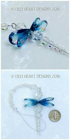 two pictures of blue glass dragonflys and a coin on a white background with the words little heart designs 2016 written below them