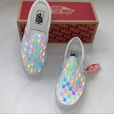 Custom Reflective Vans Reflective Once Under Light Also Available In Men’s Please Allow 5-7 Days For Delivery Custom Slip On Vans, Vans Rainbow, Vans Floral, Rainbow Vans, Nike Shoes Women Fashion, Pretty Sneakers, Rainbow Shoes, Yellow Sandals, Blue Vans