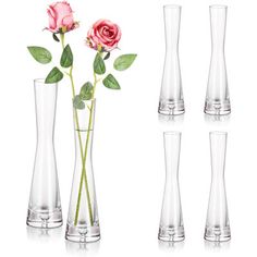 four vases with flowers in them on a white background