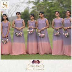 a group of women standing next to each other in long dresses with pink and purple ombreaches