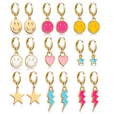 PRICES MAY VARY. Preppy earrings in a variety of shapes: There are nine pairs of preppy earrings in a variety of patterns, including smiley faces, lightning bolts, hearts and stars. Unique designs and a variety of colors can meet your everyday clothing needs, and these earrings will help you match a variety of chic looks. High-quality Material: Make of durable alloy with oil dripping, not easy to fade, light weight and anti-allergic, which will not hurt your sensitive ears and can be applied for Preppy Cosmetic Bag, Preppy Earrings, Lightning Pendant, Earrings Pack, Preppy Accessories, Preppy Things, Pendants Gold, Hoop Dangle Earrings, Preppy Jewelry