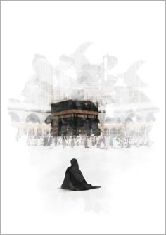 an image of a man sitting in front of the ka'bah on his knees