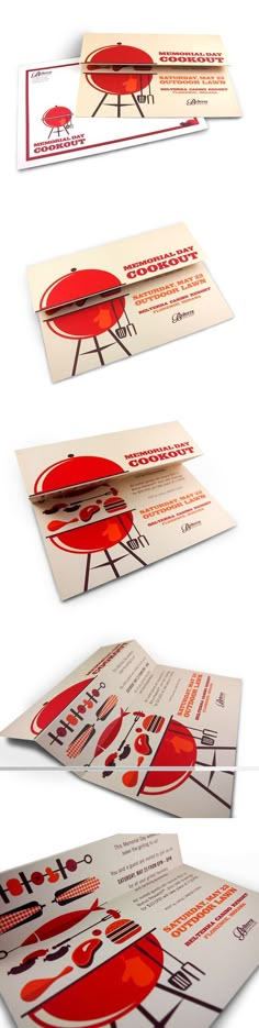 three different business cards with red and white designs on them, one in the shape of a barbecue grill