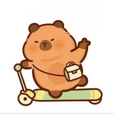 a brown bear riding on top of a scooter with a briefcase in it's paws