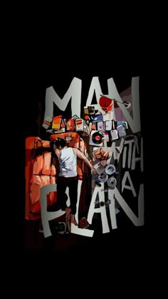 a man with a guitar standing in front of a black background that says man on the plane