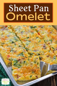 an omelet is cut into squares on a tray