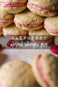 raspberry almond whoopie pies are stacked on top of each other