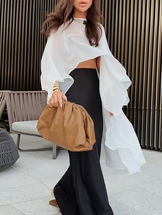 Capelet High-Low See-Through Solid Color Round-Neck Blouses & Shirts Tops BLACK-One_size High Low Top Outfit, Low Back Shirt, Cape Blouse, Cape Top, Top Neckline, Dirndl Outfit, Cape Tops, Bandeau Tops, Hand Measurements