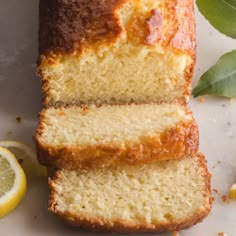 a loaf of lemon bread with slices cut off