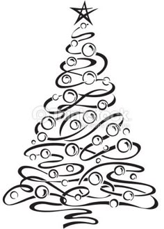 a black and white drawing of a christmas tree with swirly ornaments on the top