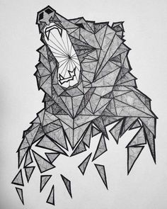 a black and white drawing of a lion's head with many triangles around it