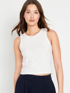 crew neck sleeveless fitted hits high on hip models are approx.  5'9" and wear sizes s (4), l (12), and xl (18)machine wash according to the care instruction label Tank Top White, Old Navy Women, Muscle Tank, Navy Stripes, White Tank Top, Petite Size, Capsule Wardrobe, Womens Clothing Tops, Old Navy