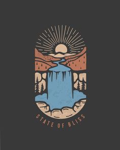 the state of bliss logo on a dark background with mountains and trees in the distance