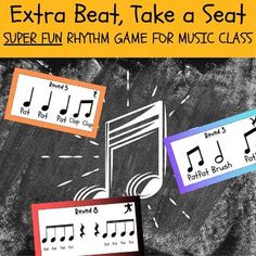 an image of music notes with the words extra beat, take a seat and superflin rhythm game for music class