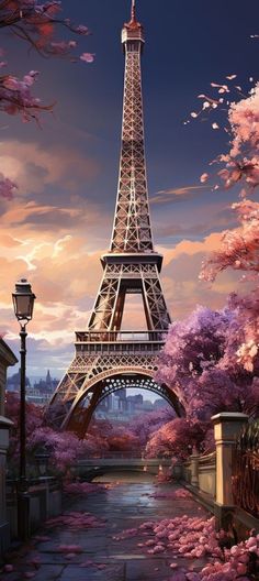 the eiffel tower is surrounded by pink flowers