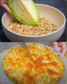 there are two pictures of food being cut into pieces and placed in bowls on top of each other