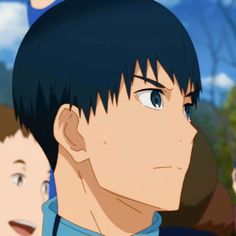 an anime character with black hair and blue eyes looking to his left, while another person in the background looks off into the distance