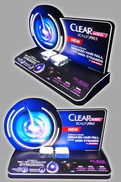 two business cards designed to look like an electronic device with glowing blue lights and the words clear