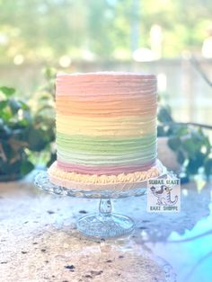 a multi colored cake sitting on top of a glass plate next to a potted plant