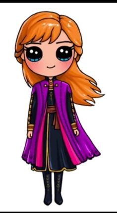 a drawing of a girl with long red hair wearing a purple coat and black pants