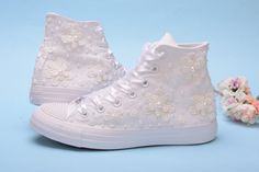 All orders for trainers / sneakers to USA/Canada will be delivered in 2-4 business days after production without extra costs Made with love for your wedding day by Lovin Bridal - More Wedding shoes at our shop : http://lovincollection.etsy.com High Top Wedding Sneakers For Bride, Bridal Trainers With Flowers, Bridesmaid Tennis Shoes, Converse High Top It's the bride's prerogative to wear the comfiest wedding shoes. If you're set on heels then one option is to have your High Top Lace Bridal Chuck Sneakers For Bride, Wedding Sneakers For Bride, Comfy Wedding Shoes, Converse Wedding, Color Converse, Converse Wedding Shoes, Bridal Sneakers, Converse Custom