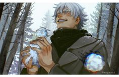 an anime character is holding something in his hand and looking at the camera while surrounded by trees