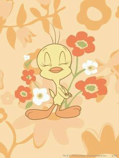 an image of a cartoon character with flowers in the background