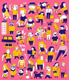 an image of people and cats on a pink background