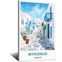 a painting of an alleyway with potted plants and flowers on the steps in mykonos, greece