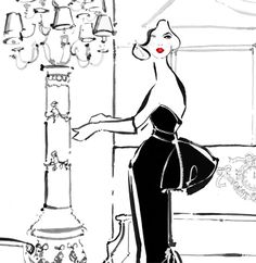 a black and white drawing of a woman standing next to a chandelier