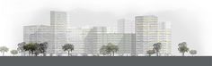 an architectural rendering of a city with tall buildings and trees in the foreground, on a foggy day